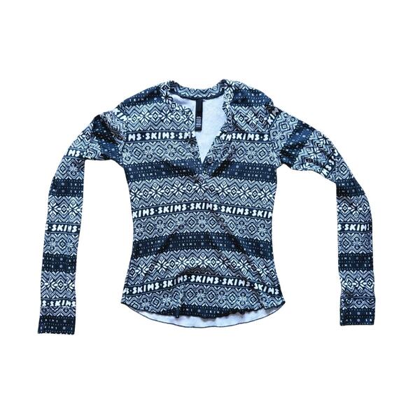 SKIMS Christmas Plush Pointelle Fairisle Henley Pajama Set Modal Medium Holiday - Picture 4 of 14